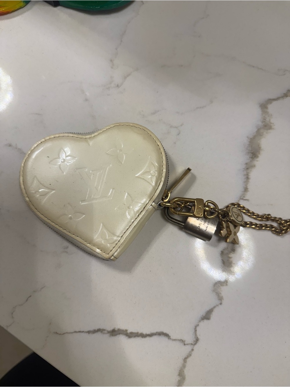 Louis Vuitton Cream Heart Coin Purse Key Charm with Gold Hardware